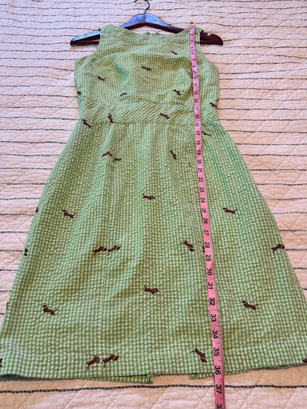Dachshund Print Green and White Gingham Seersucker Preppy Mini Dress - XS - Picture 6 of 7